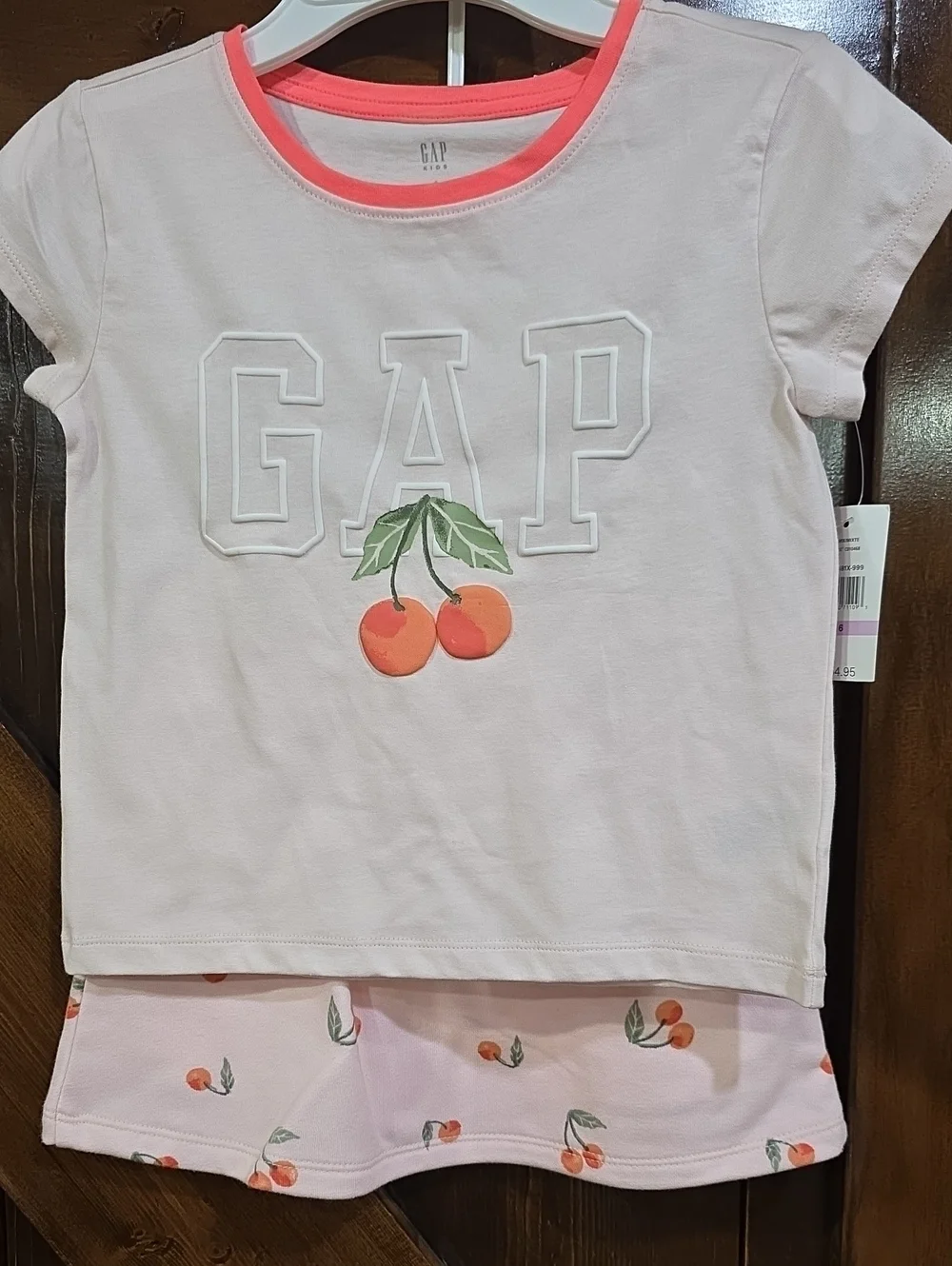 GAP Light Pink Tee with Coral Trim and Cherry Applique